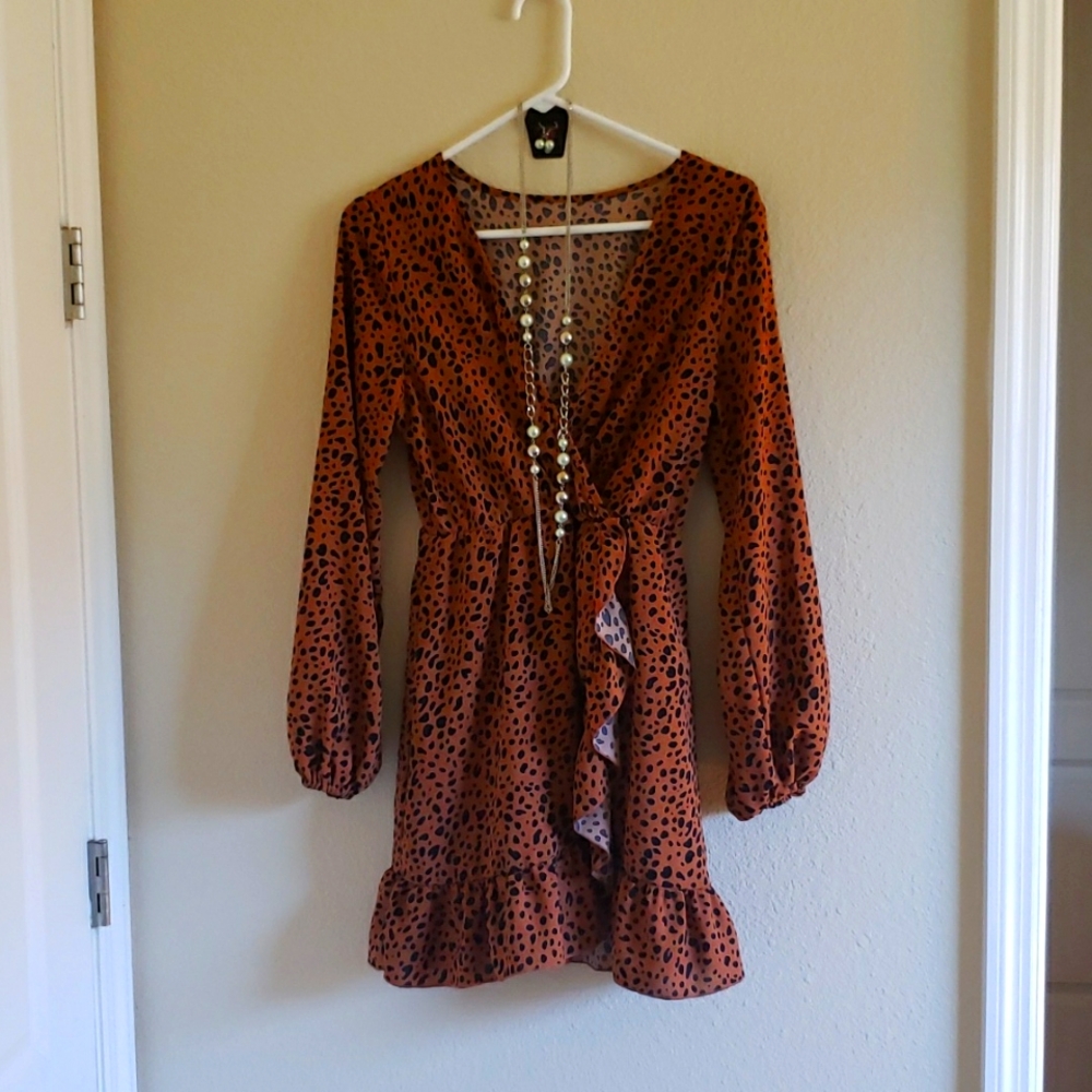 Long sleeve leopard print medium wrap dress